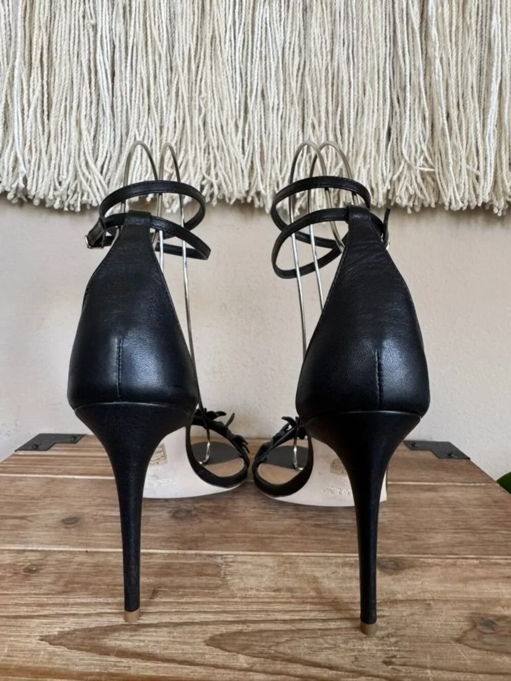J. CREW Black Leather 3-D Floral Ankle Wrap Open Toe Stiletto Sandals Size 9